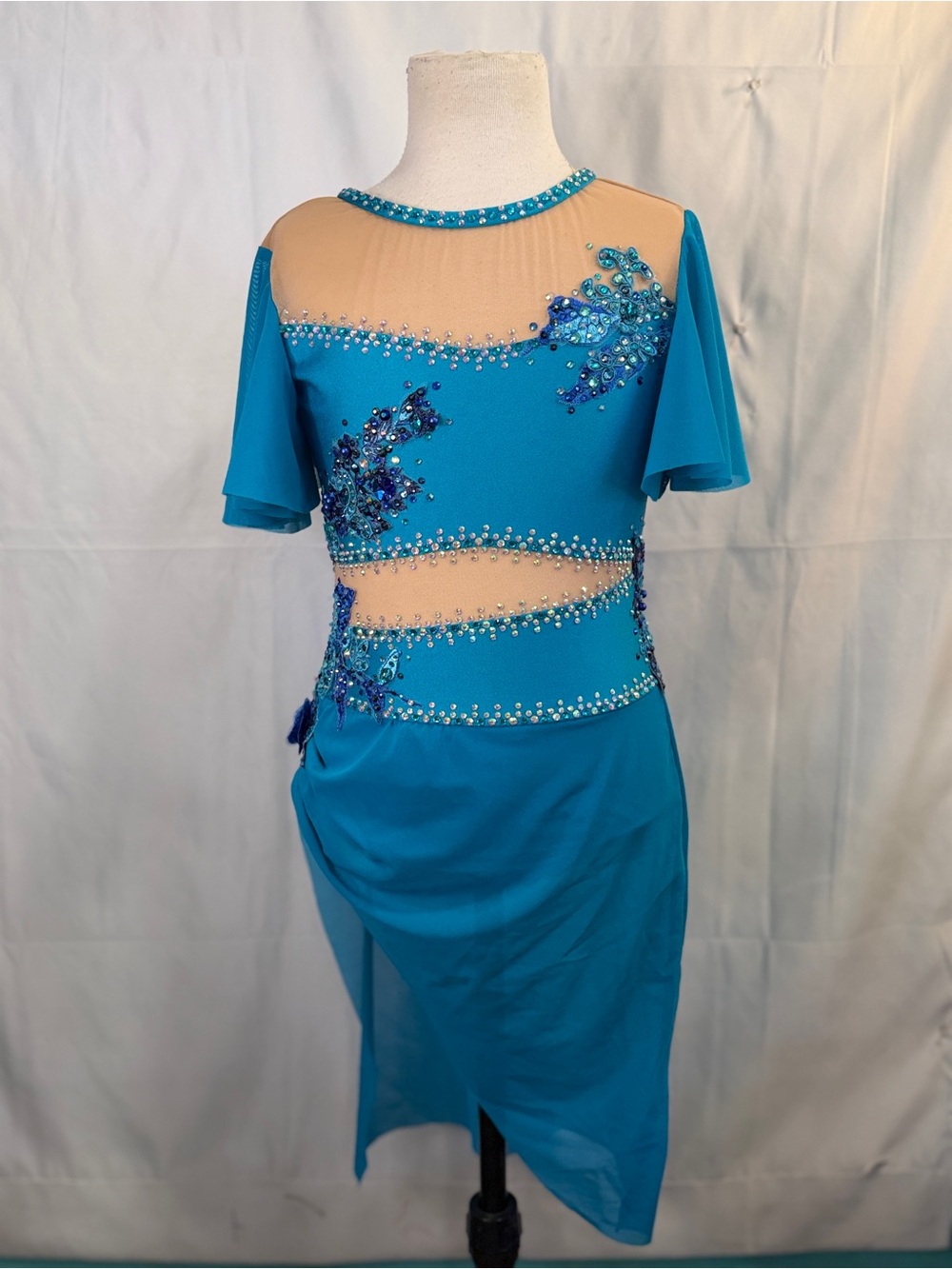Blue Girls' Dance Costume with Rhinestone Accents